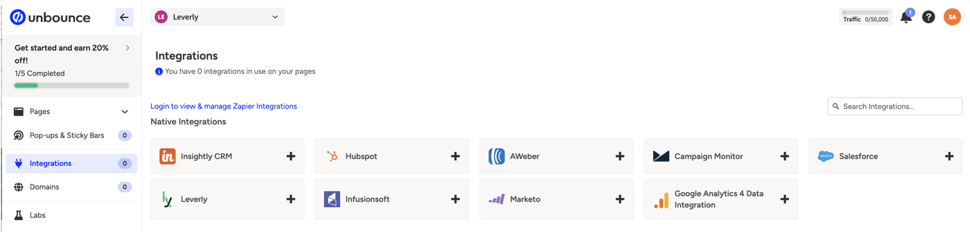 Unbounce Integrations page: the Native Integrations grid with the Leverly tile in the second row