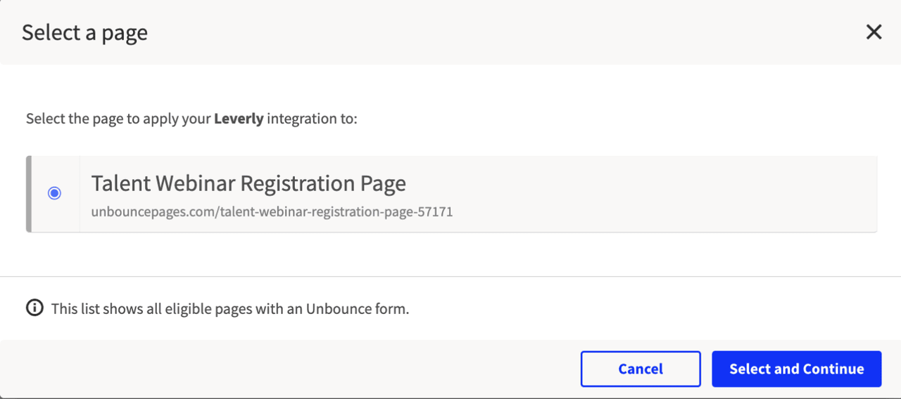 Unbounce Select a page window with a landing page selected and the Select and Continue button