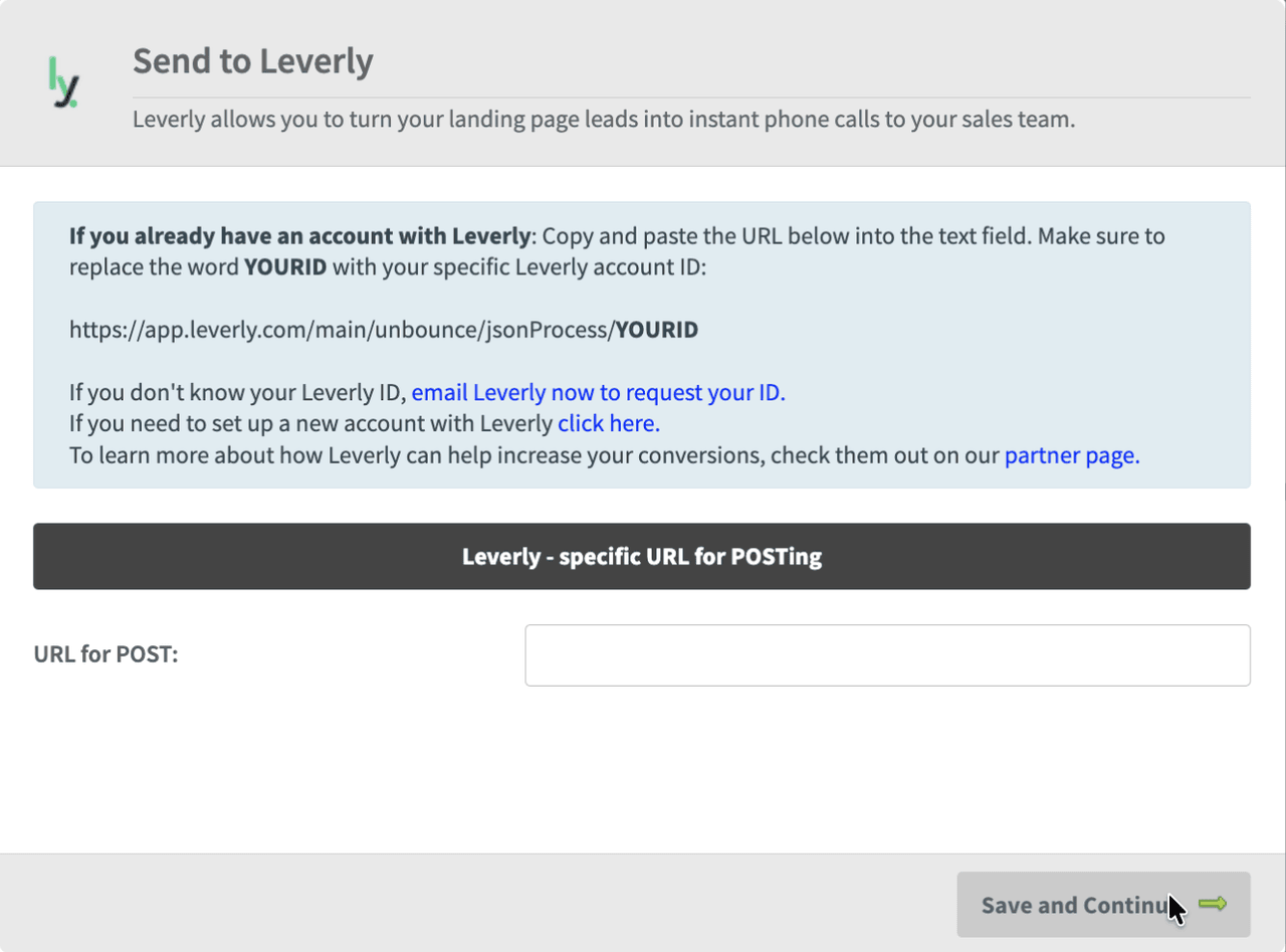 The Send to Leverly window in Unbounce showing the URL for POST field and the posting URL format