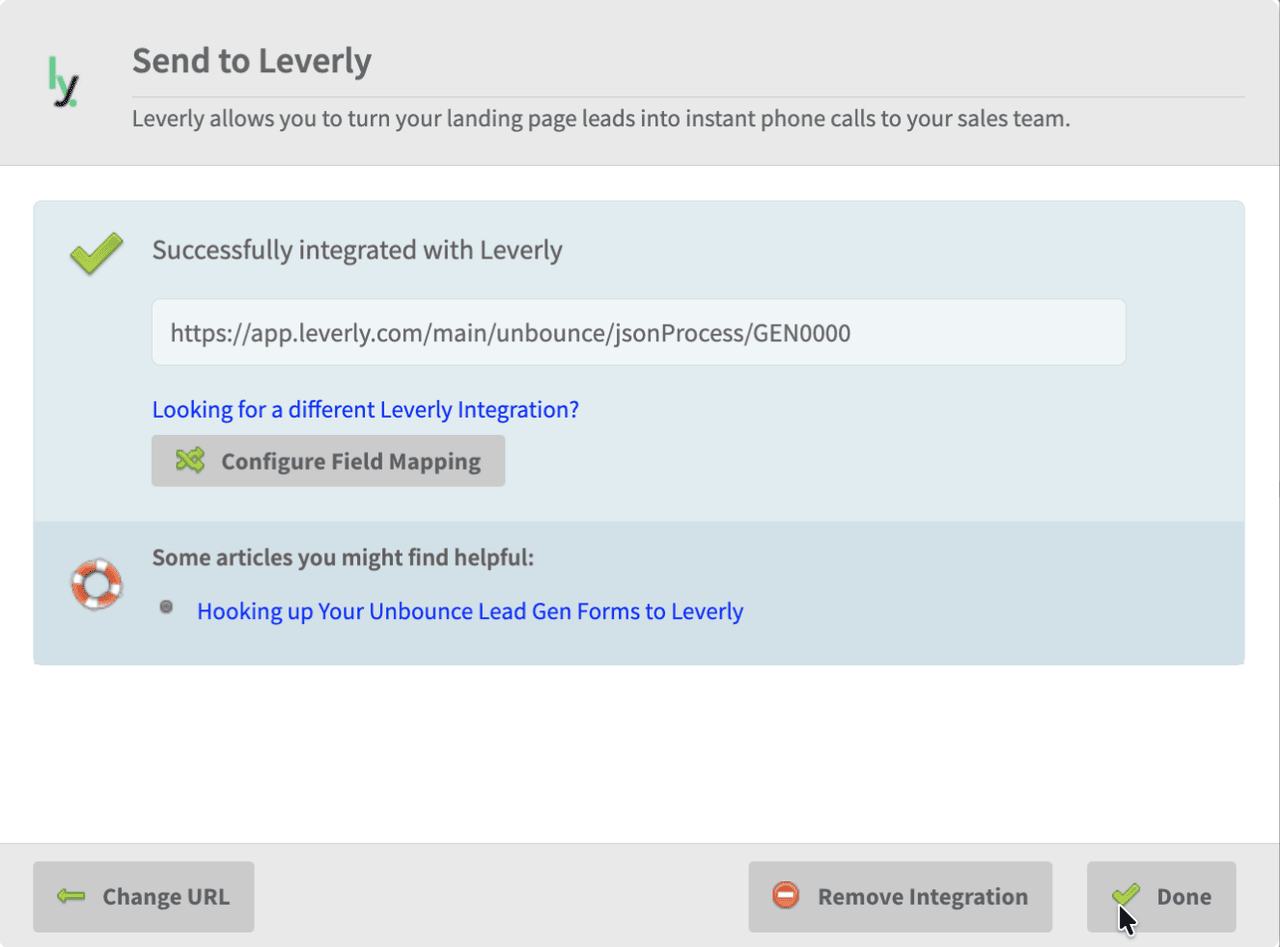 Success screen: green check with Successfully integrated with Leverly, the saved posting URL, and the Configure Field Mapping button